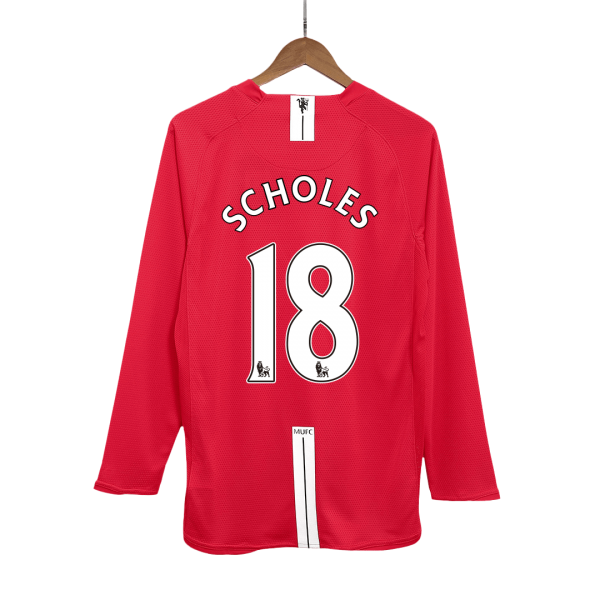Ретро SCHOLES #18 Манчестер Юнайтед Домакинска Тениска с дълъг ръкав 2007/08