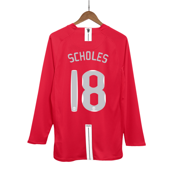 Ретро SCHOLES #18 Манчестер Юнайтед Домакинска Тениска с дълъг ръкав 2007/08 - UCL